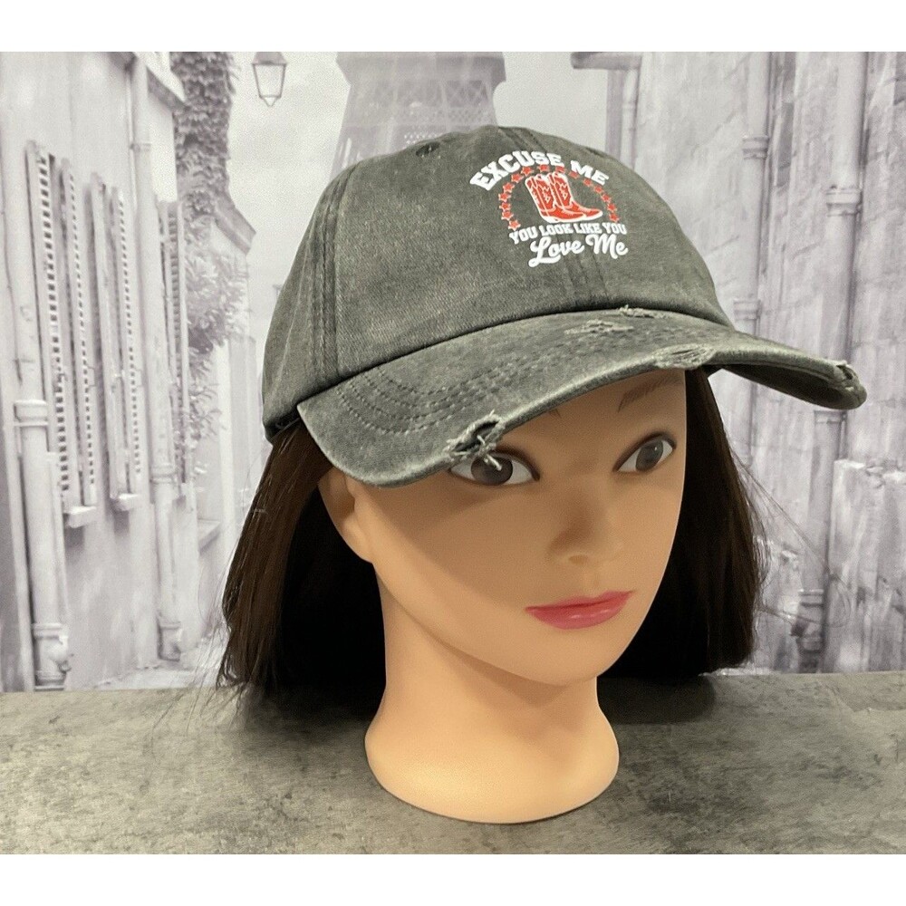 Baseball Cap Gray,Distressed Cotton With Graphic Cowboy Boots